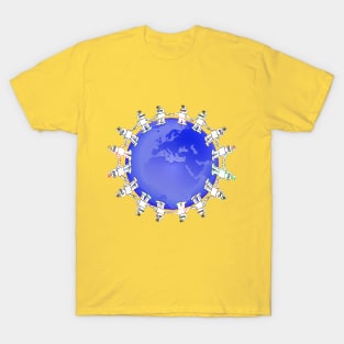 Blue Globe Surrounded by Little Cute Robots T-Shirt